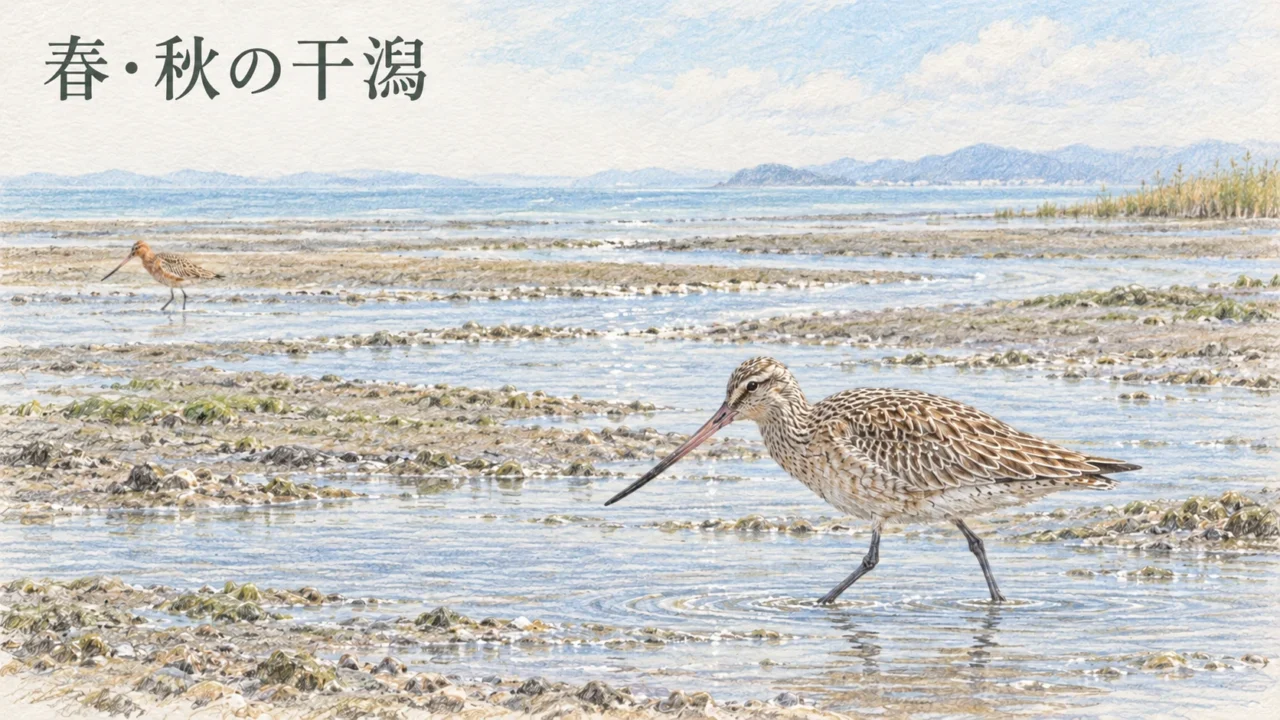 春と秋の渡りに立ち寄る河口の干潟で休むオオソリハシシギ