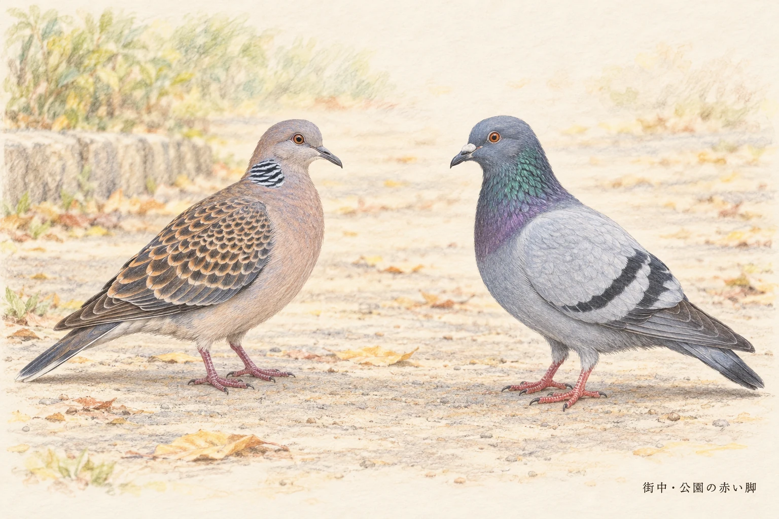 公園にいるキジバトとドバトの翼の模様と赤い脚の比較