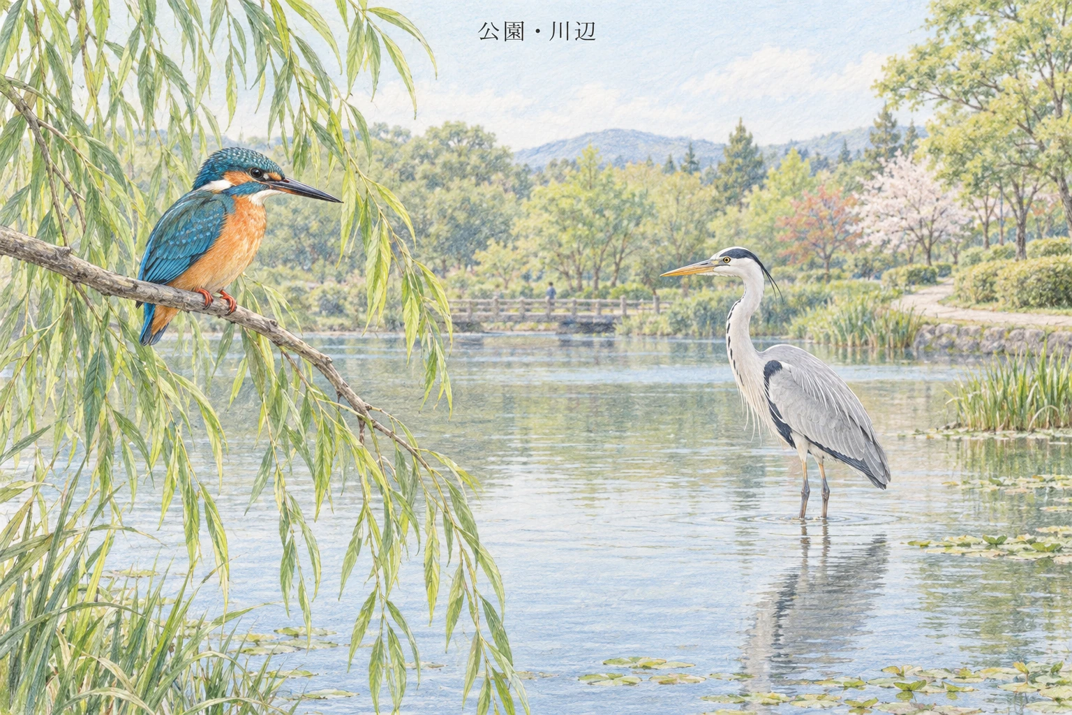 公園の池や川で探せるカワセミとアオサギ