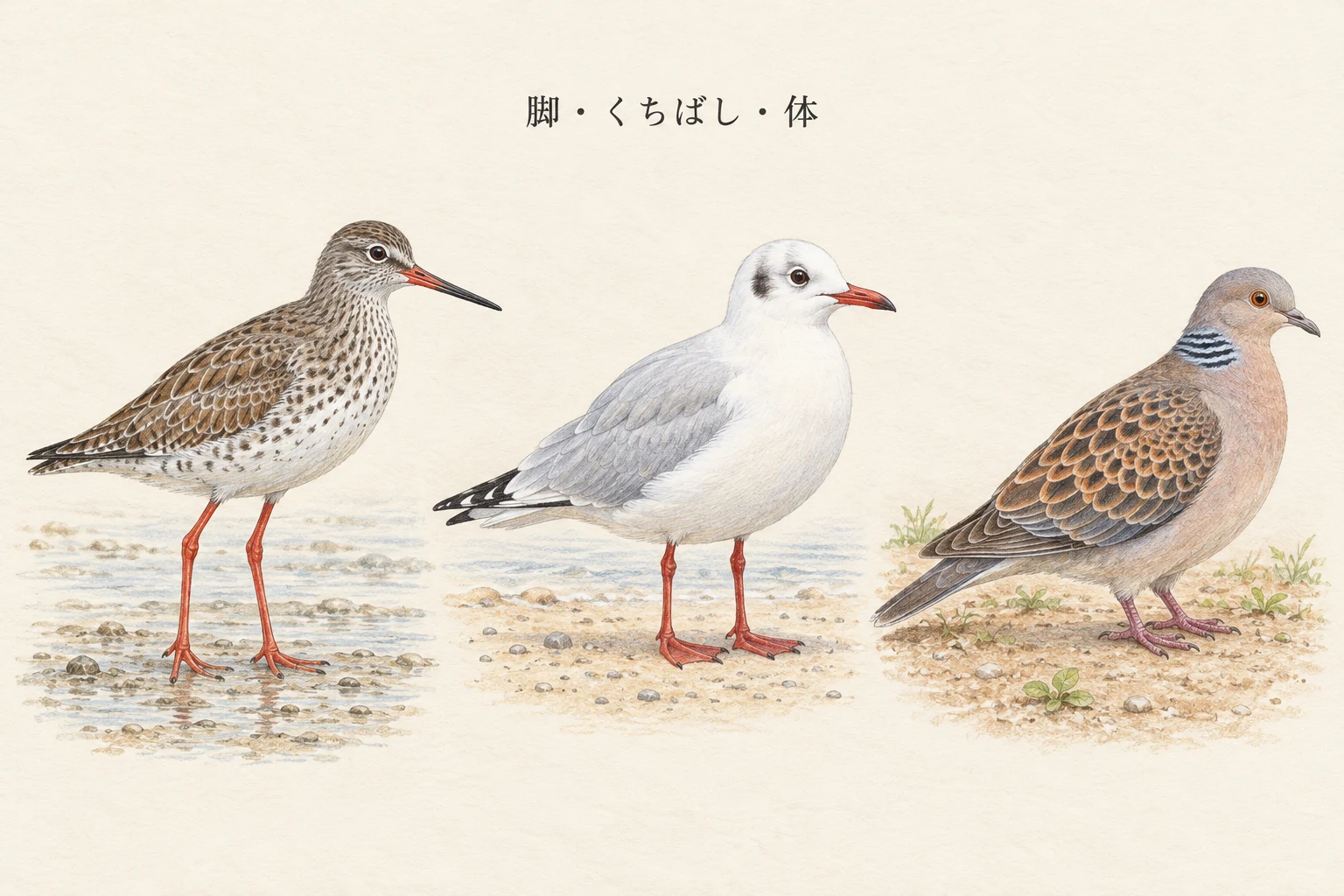 アカアシシギ、ユリカモメ、キジバトの脚とくちばしと体の違い
