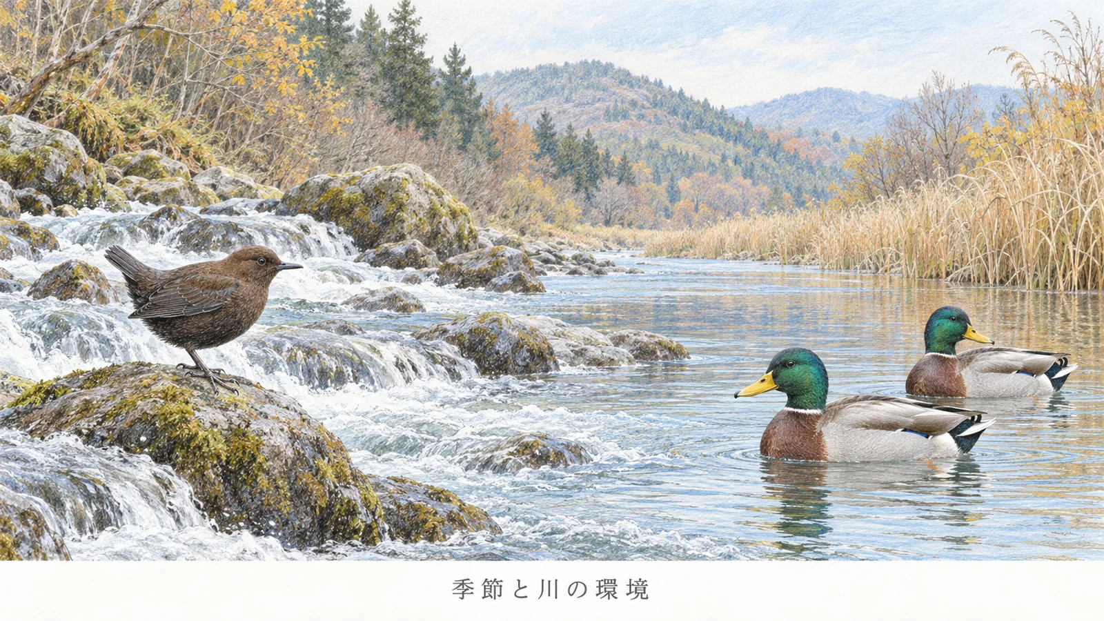 流れの速い川のカワガラスと、穏やかな水面の冬のマガモ