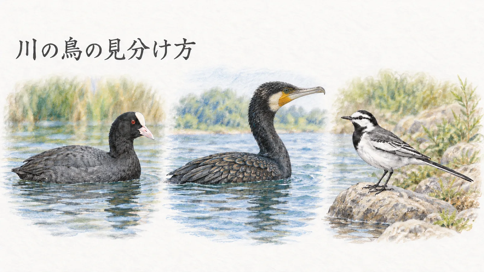 オオバン、カワウ、ハクセキレイの体形とくちばしの違い
