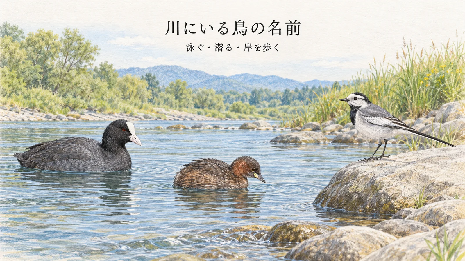 川で泳ぐオオバン、潜るカイツブリ、岸に立つハクセキレイの色鉛筆画