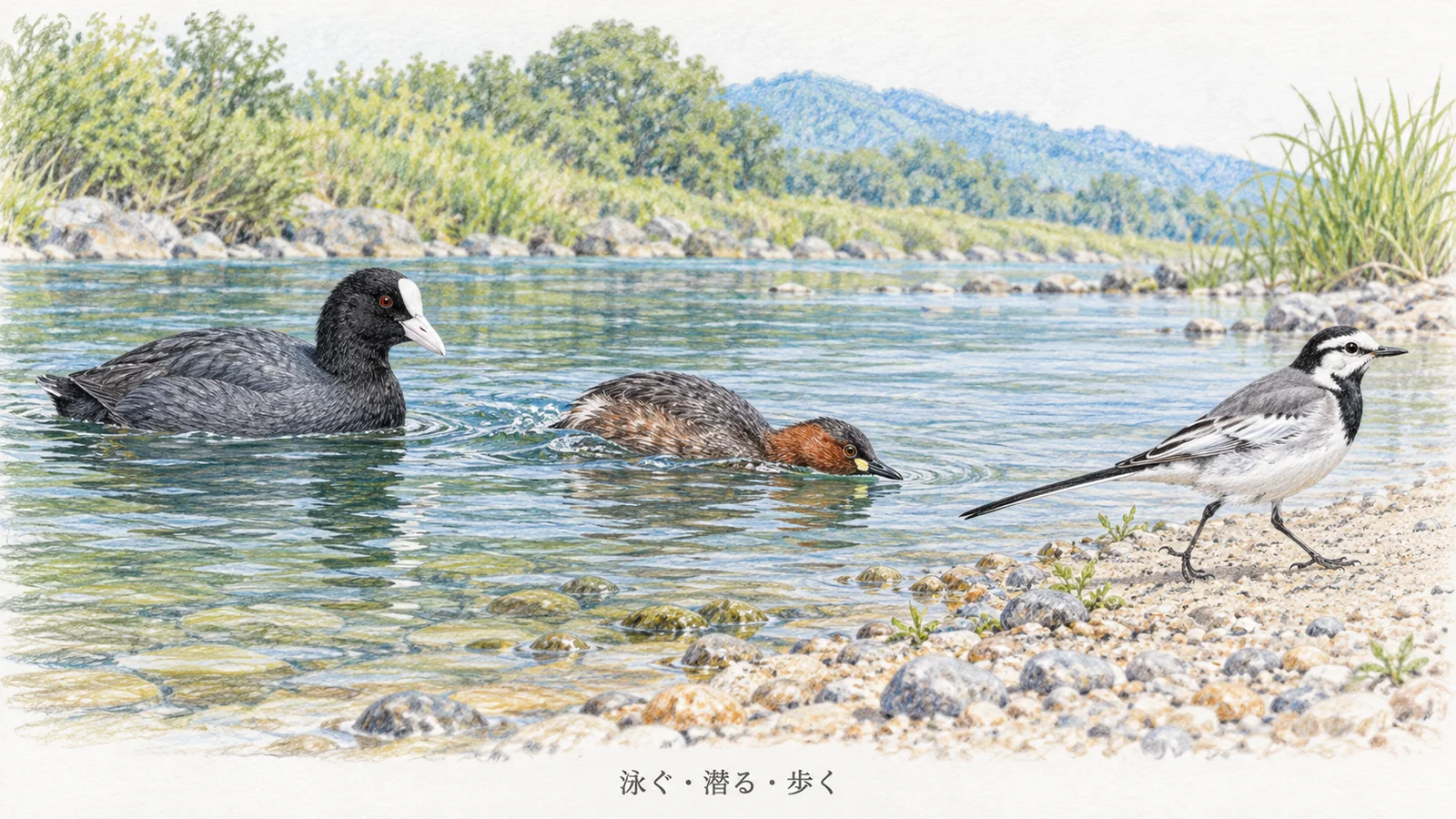 泳ぐオオバン、潜水し始めるカイツブリ、川岸を歩くハクセキレイ