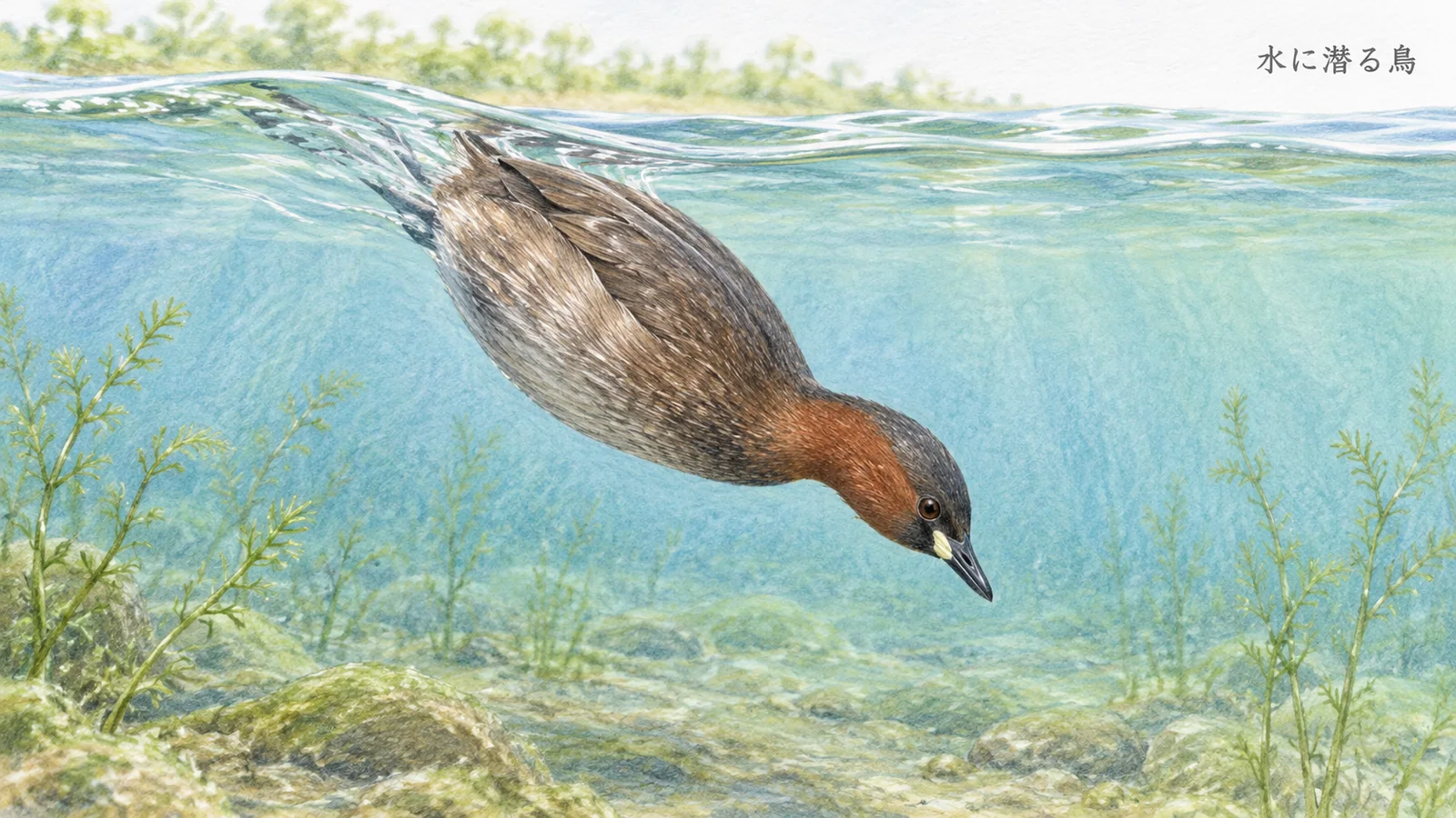 体を水中へ沈めて潜るカイツブリ