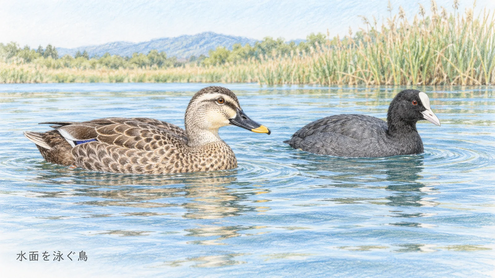 川の水面を泳ぐカルガモとオオバン