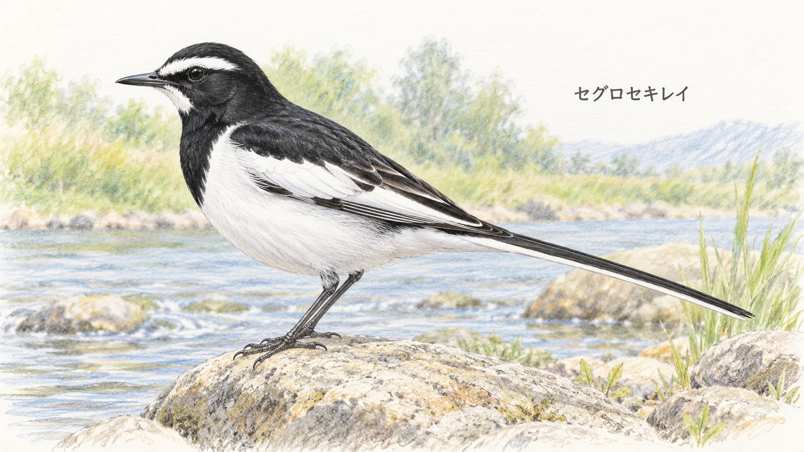 黒い頬と白い眉のような線が目立つセグロセキレイ
