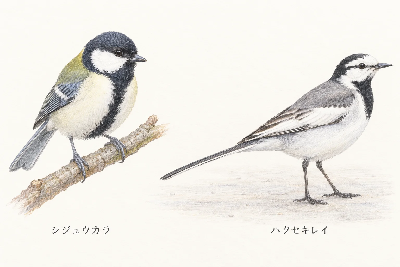 シジュウカラの黒い胸の縦線とハクセキレイの長い尾を比べる色鉛筆イラスト