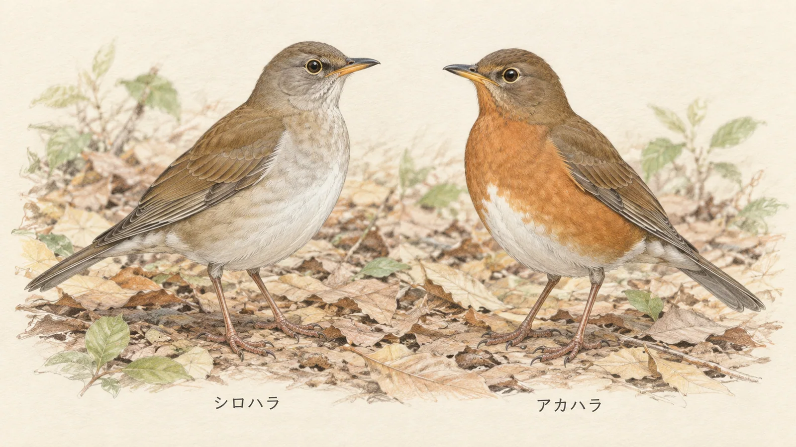 シロハラの白っぽい腹とアカハラの赤茶色の脇を比較した色鉛筆画