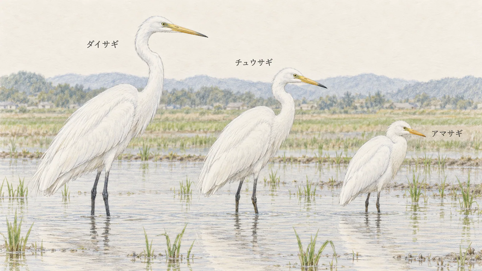 非繁殖期のダイサギ、チュウサギ、アマサギの首とくちばしの長さを比べるイラスト