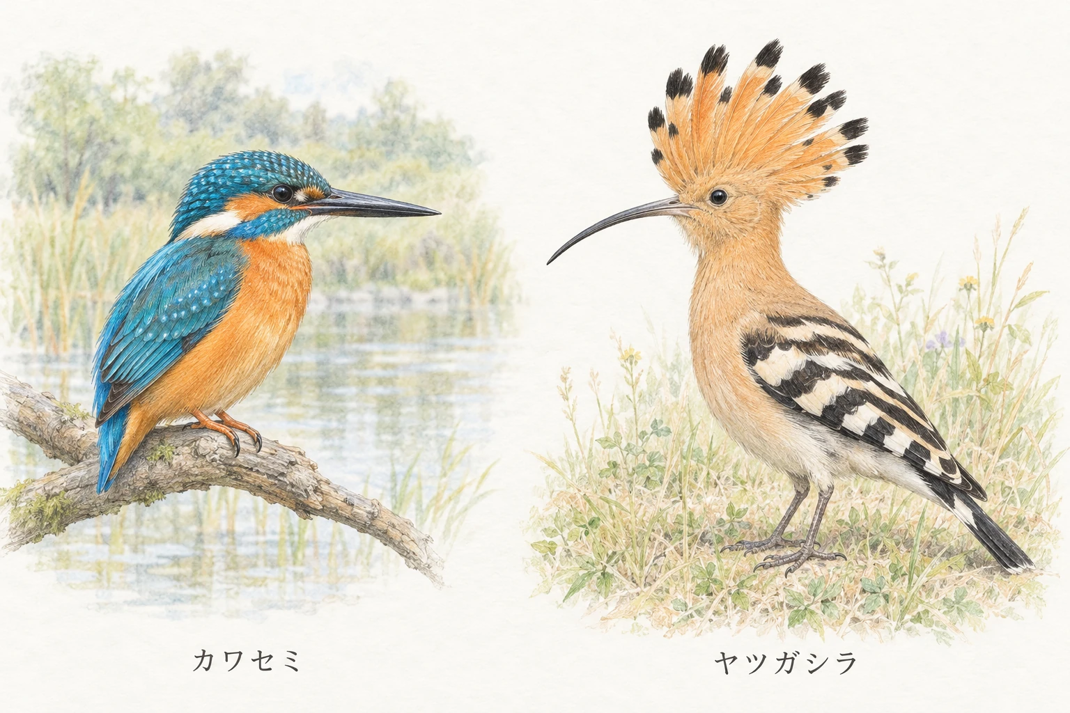カワセミとヤツガシラの色・冠羽・くちばしの違い