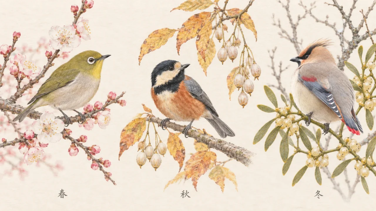 春のウメとメジロ、秋のエゴノキとヤマガラ、冬のヤドリギとヒレンジャクを並べた色鉛筆画