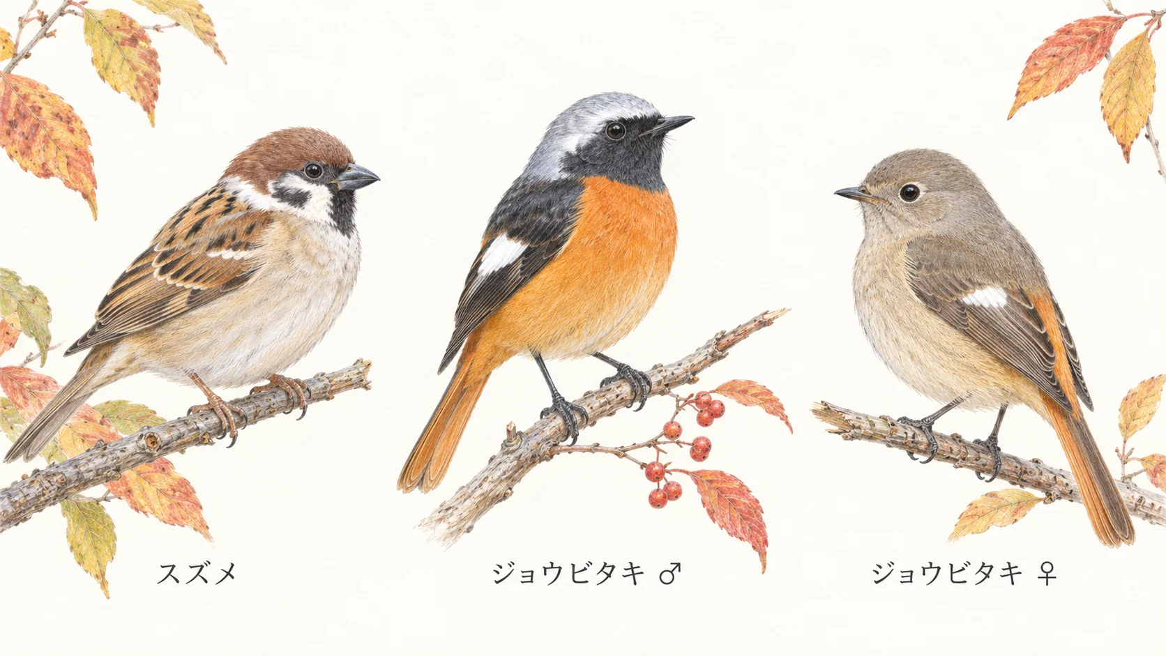 スズメとジョウビタキのオス・メスを比較する色鉛筆イラスト