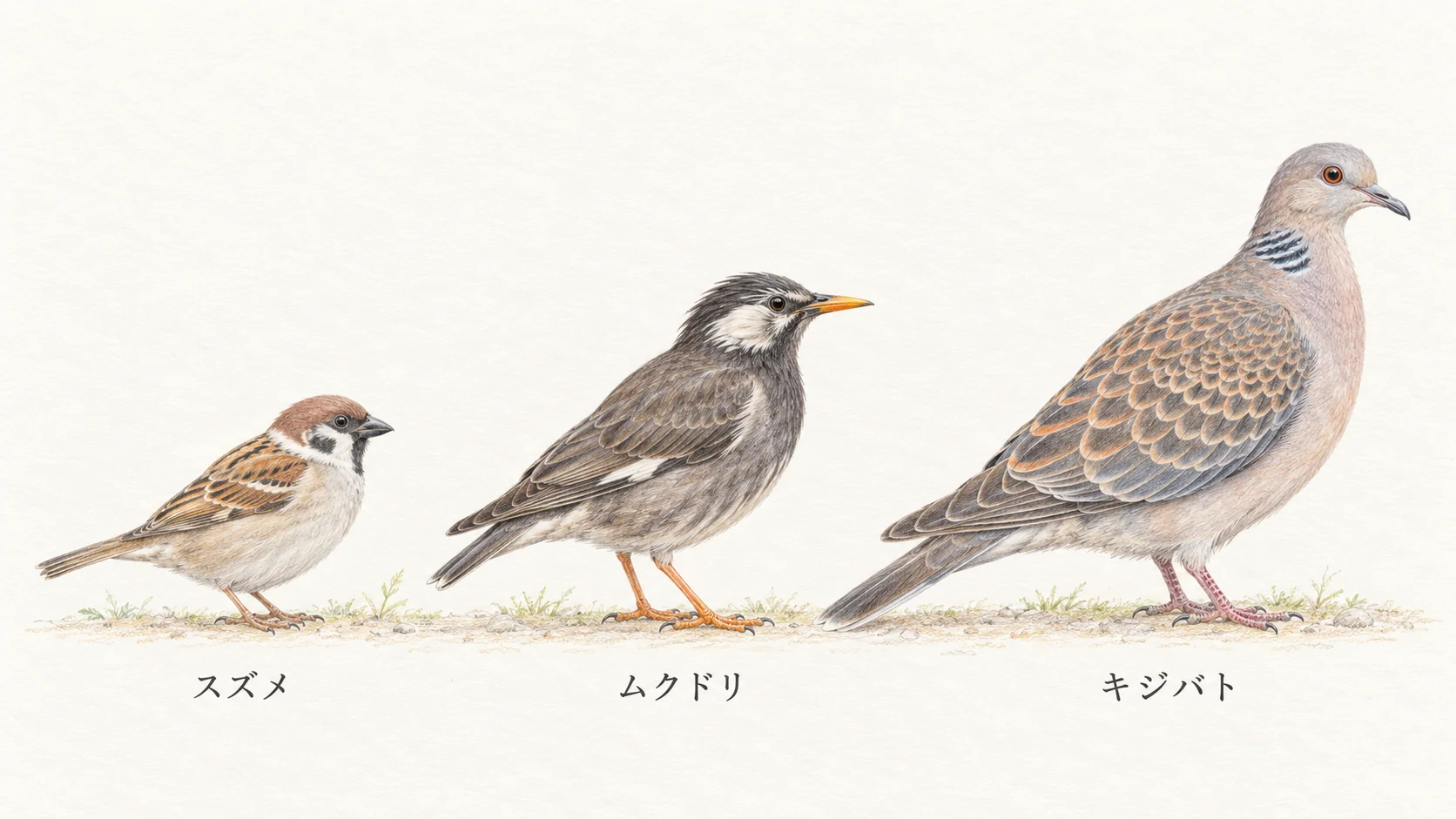 スズメ、ムクドリ、キジバトの大きさを比較する色鉛筆イラスト