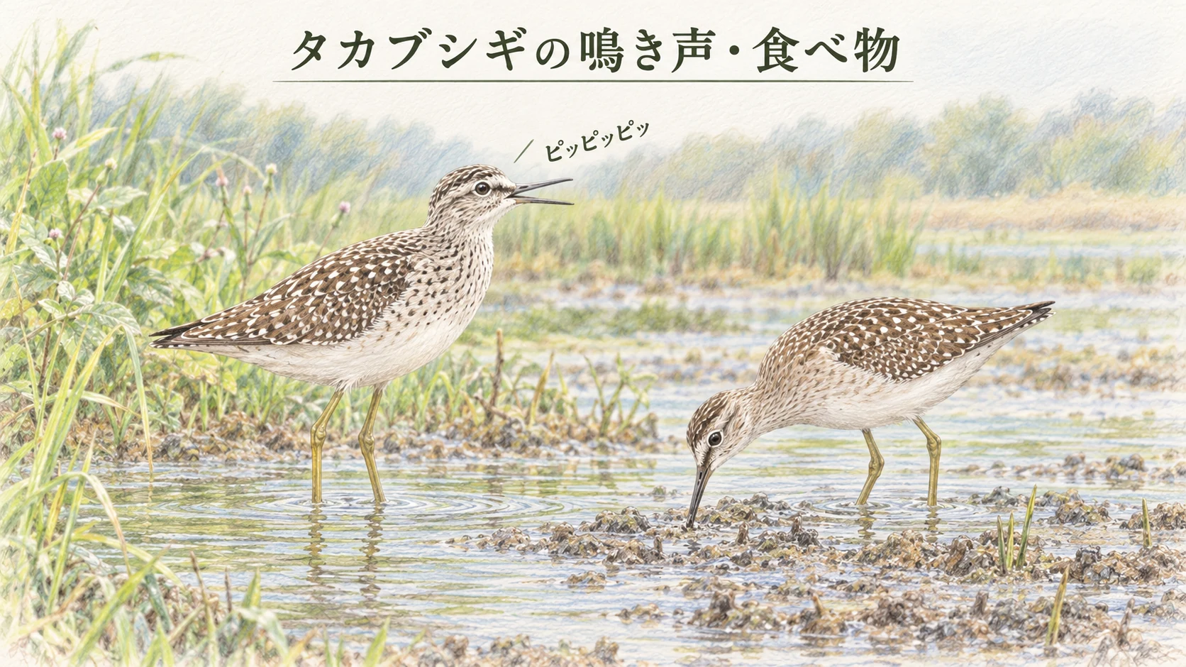 短く鳴くタカブシギと、くちばしで湿った泥をつついて採食するタカブシギ