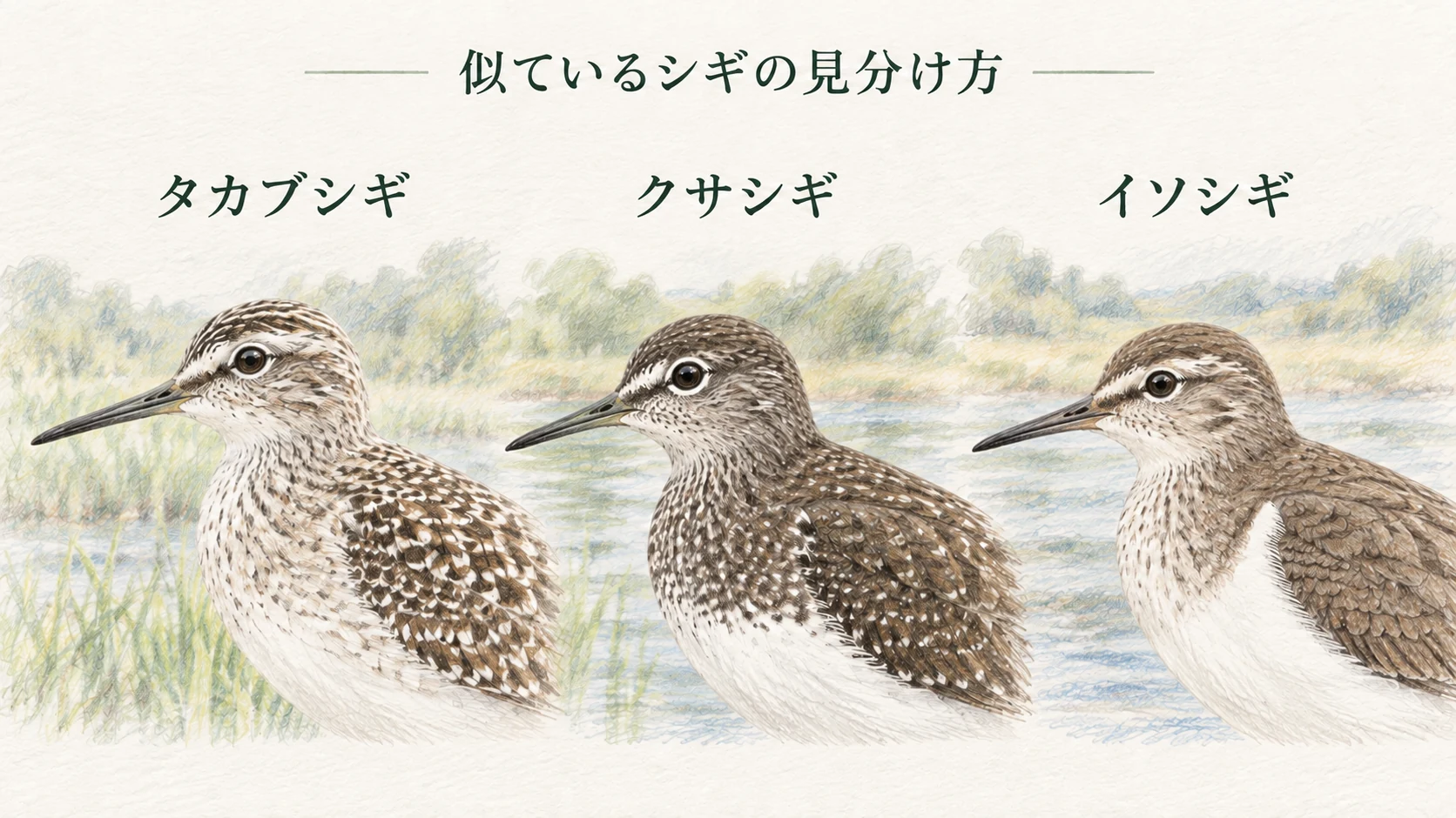 タカブシギ、クサシギ、イソシギの眉斑、背中、肩の白い模様の比較イラスト