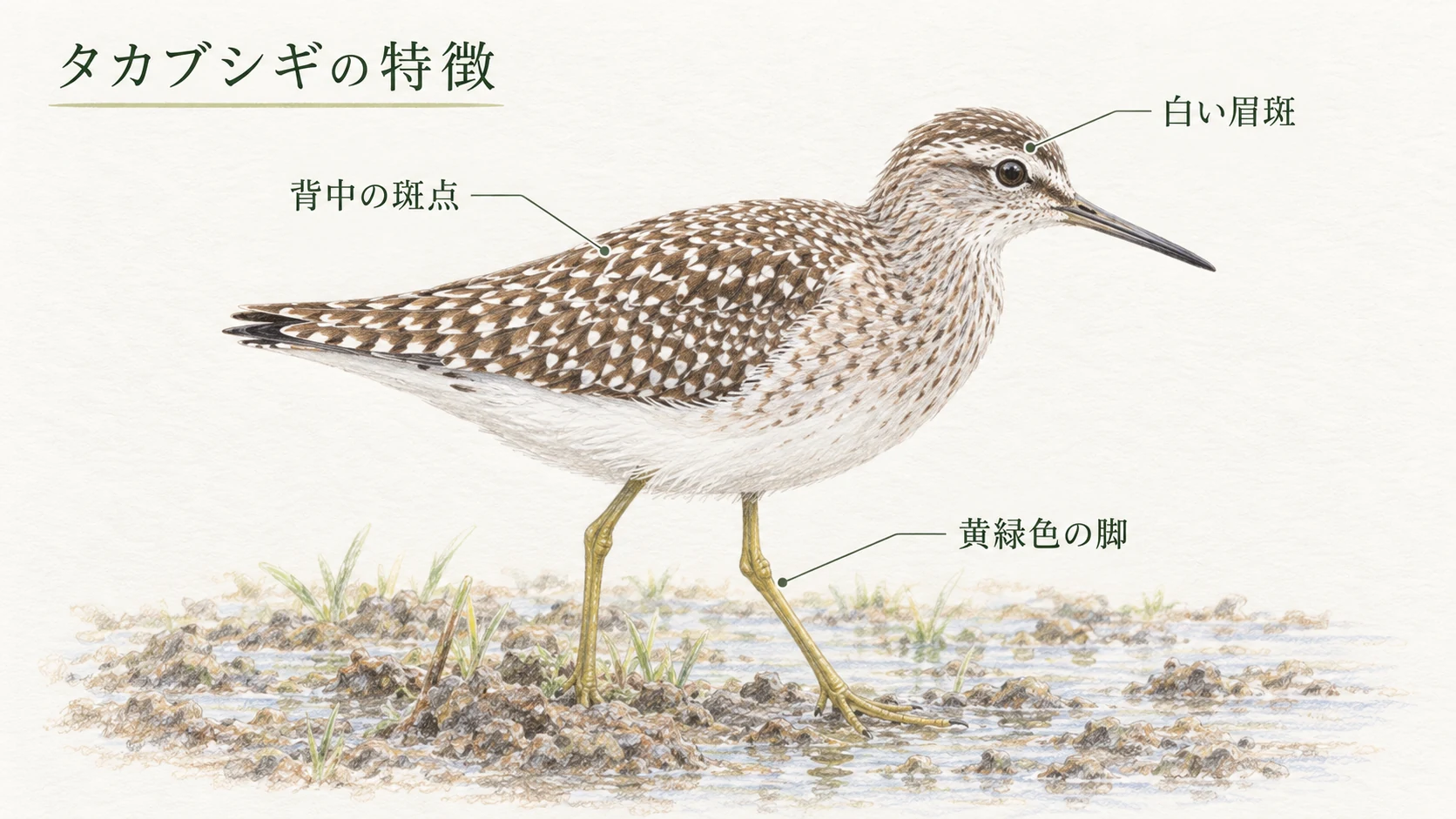 タカブシギの白い眉斑、背中の斑点、黄緑色の脚を示す特徴図