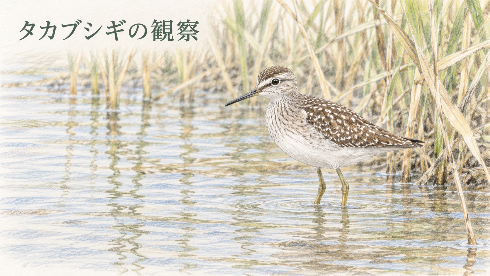 葦の生えた浅い水辺で立ち止まるタカブシギを斜めから描いた観察イラスト