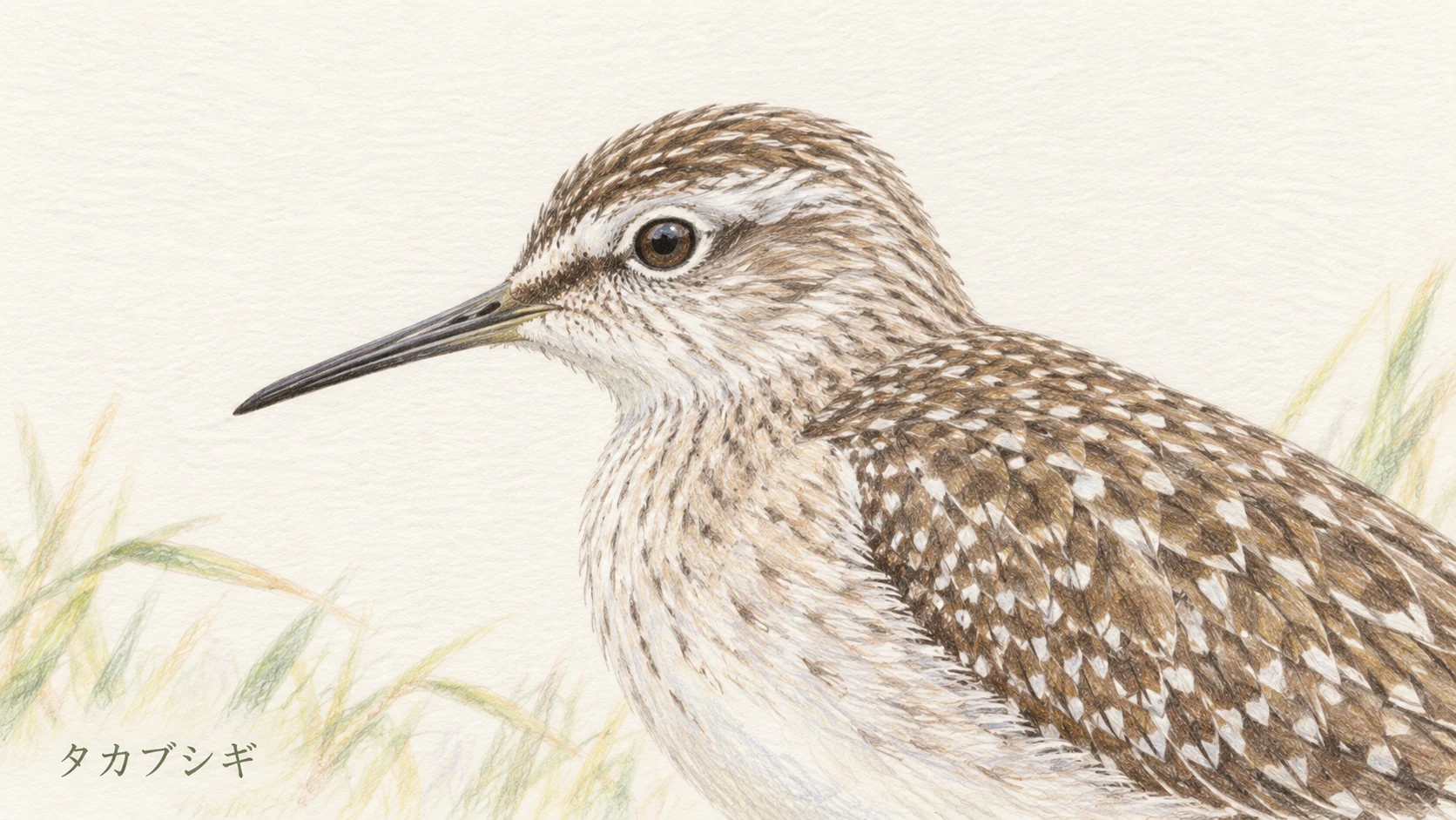 タカブシギの横顔と肩の羽を描いた淡い色鉛筆の自然観察スケッチ