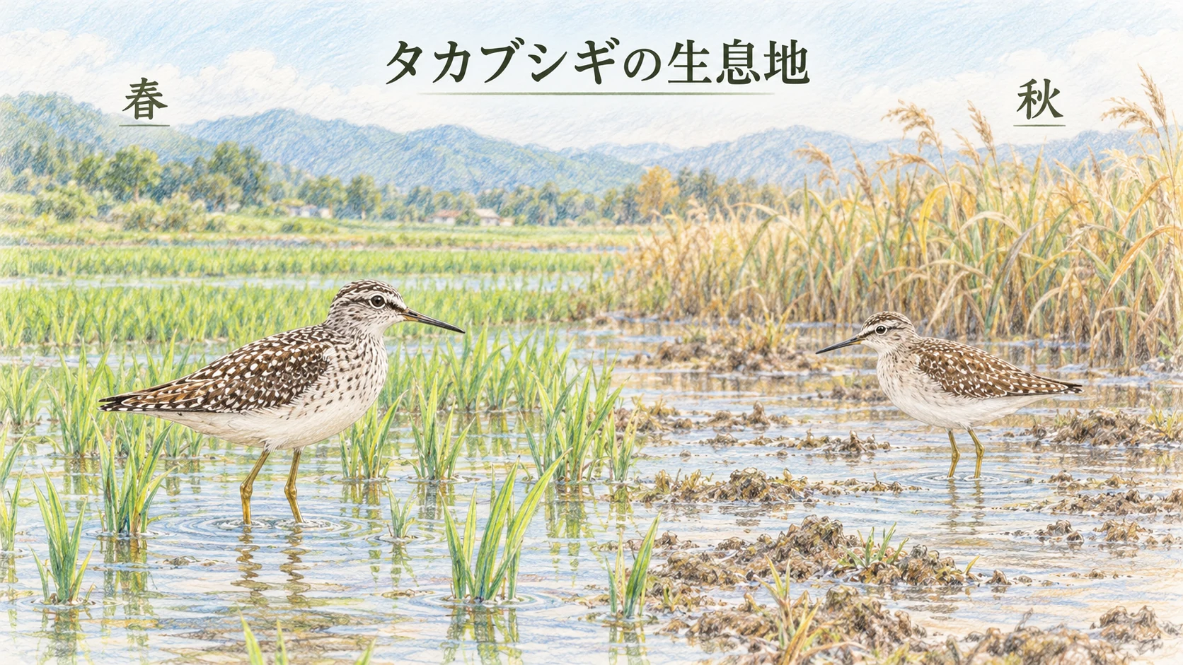 春の水田と秋の湿地で見られるタカブシギを描いた生息環境のイラスト
