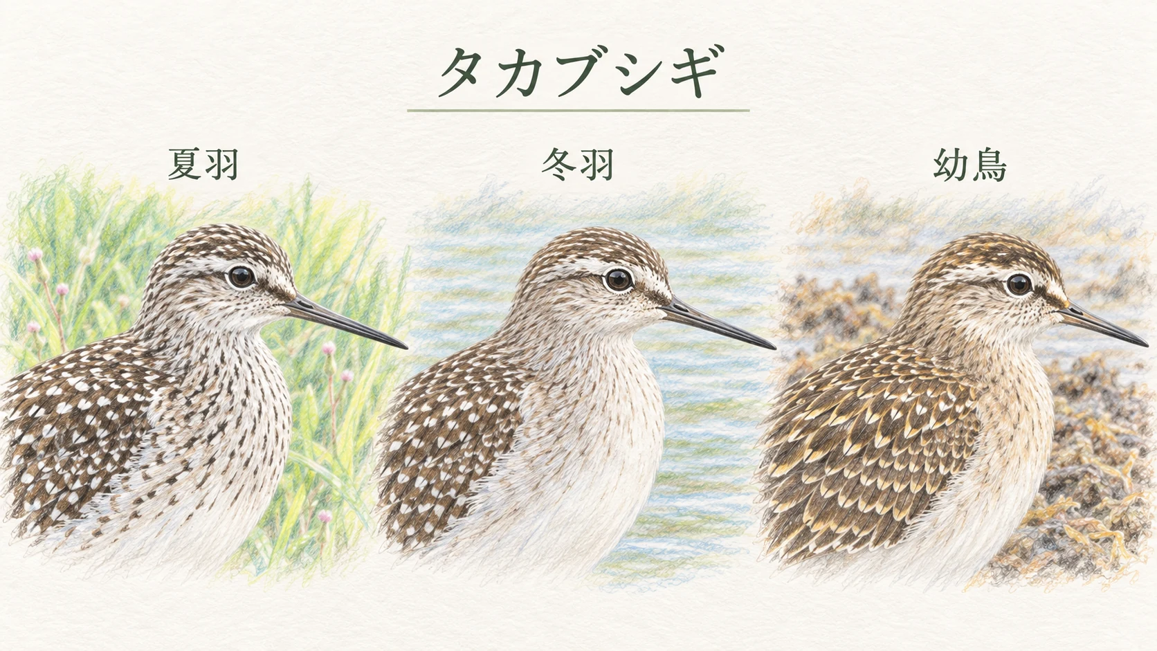 タカブシギの夏羽、冬羽、幼鳥の胸の模様と羽縁を並べて比べるイラスト