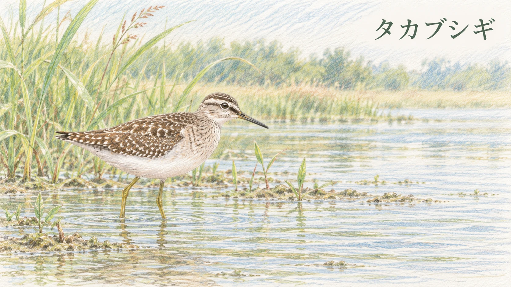 白い眉斑と黄緑色の脚を持つタカブシギが浅い水辺に立つイラスト