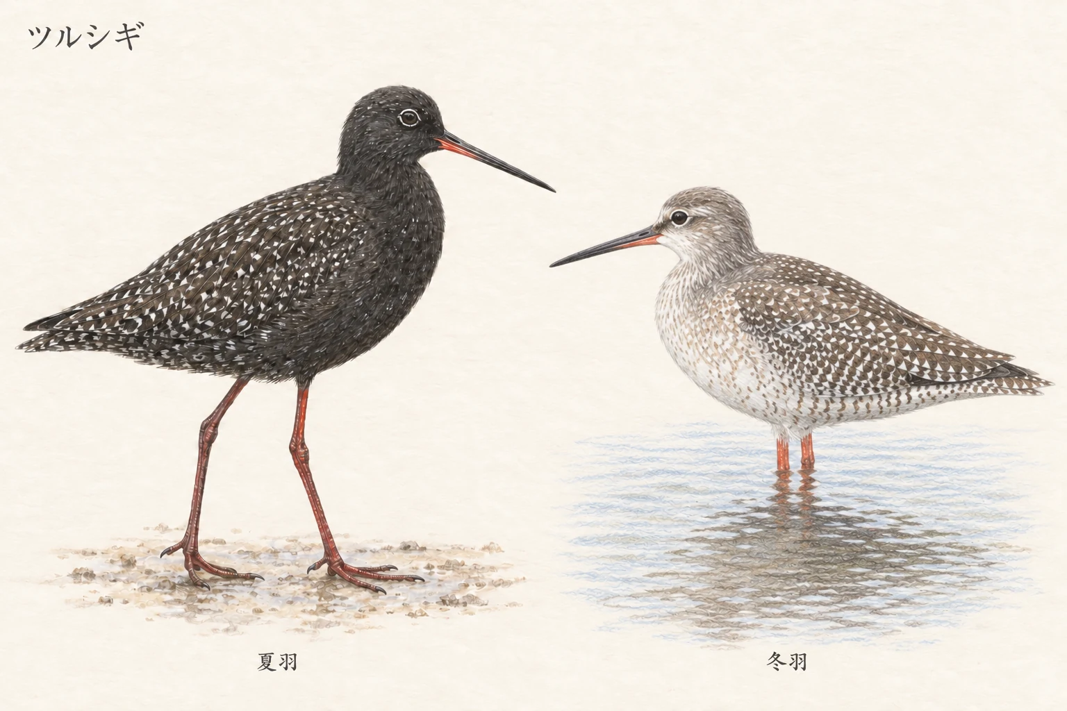 ツルシギの黒っぽい夏羽と、水辺に立つ冬羽を並べた比較イラスト