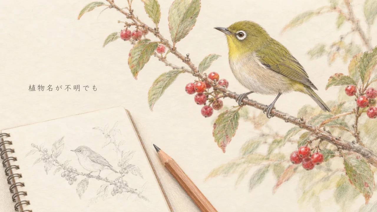 名前の分からない赤い実の枝と、そのそばにいるメジロを観察ノートとともに描いた色鉛筆画