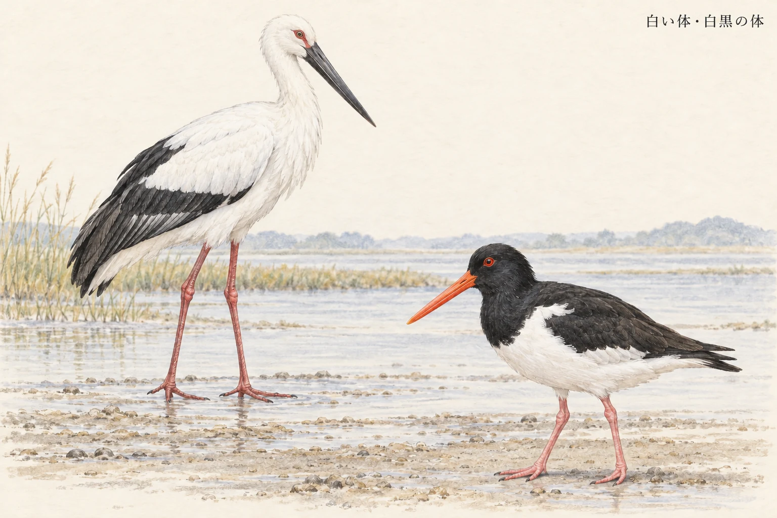 赤い脚をもつコウノトリとミヤコドリの白黒の体とくちばしの比較