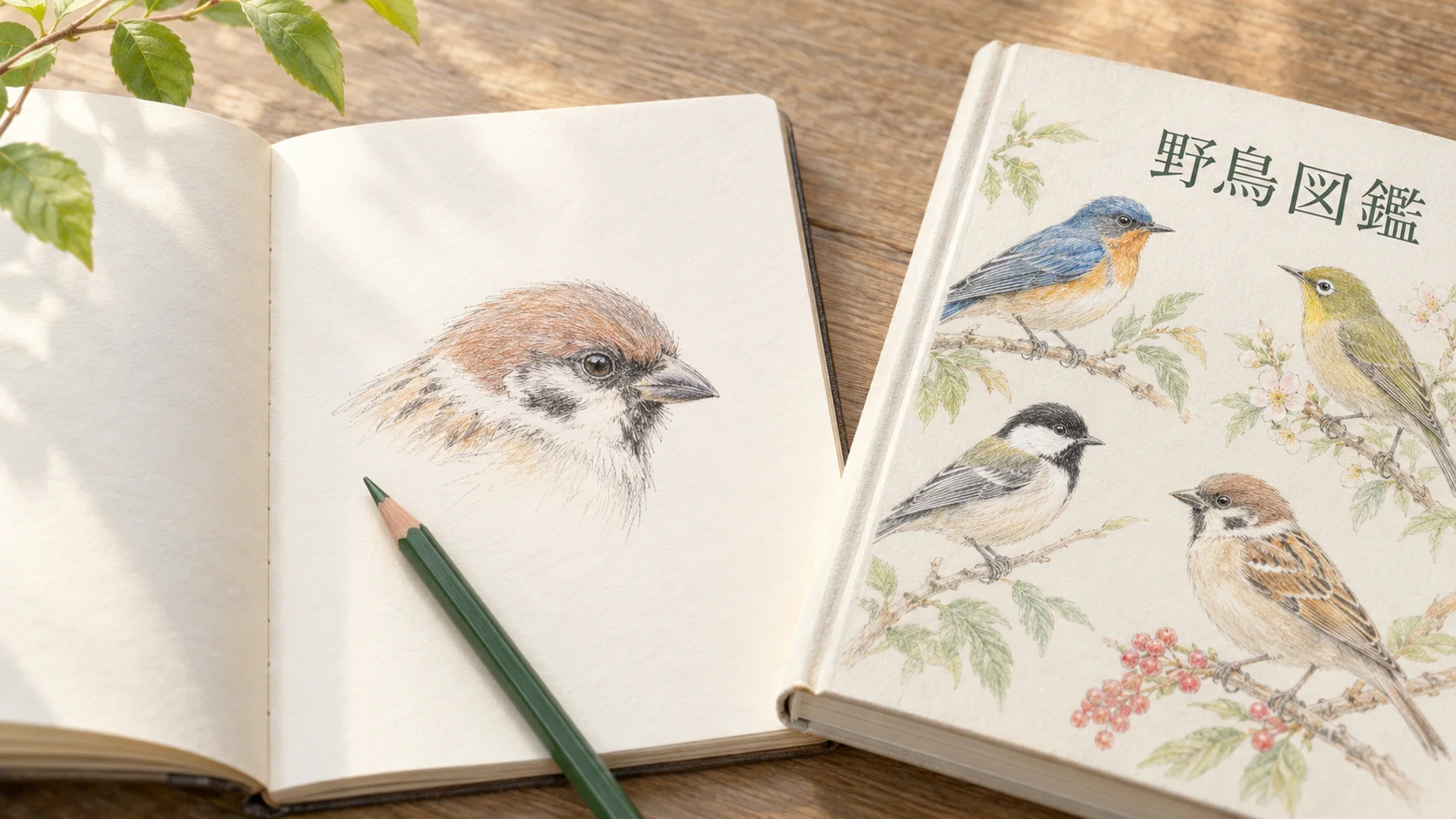 野鳥の特徴を照らし合わせる図鑑と観察ノートの色鉛筆イラスト