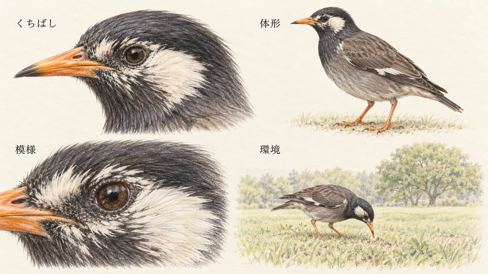 くちばし、体形、模様、環境の4点から野鳥を見分けるための観察図