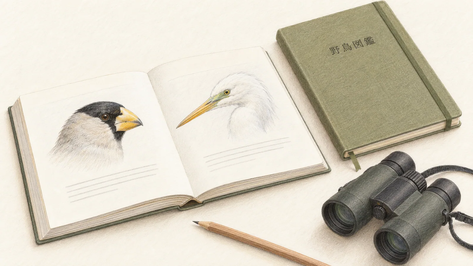 野鳥図鑑と双眼鏡を淡い色鉛筆で描いた参考資料のイラスト
