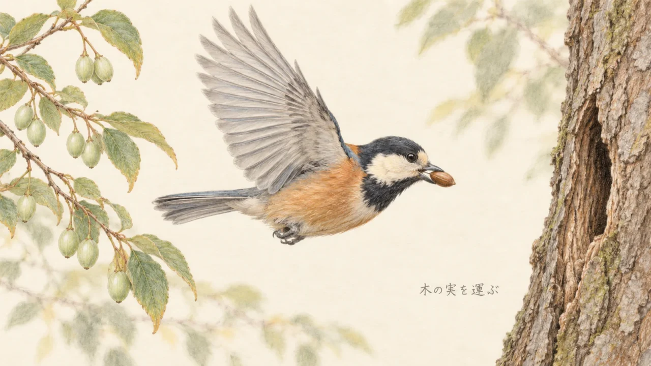 エゴノキの種子をくわえて飛び、木の樹皮のすき間へ向かうヤマガラの色鉛筆画