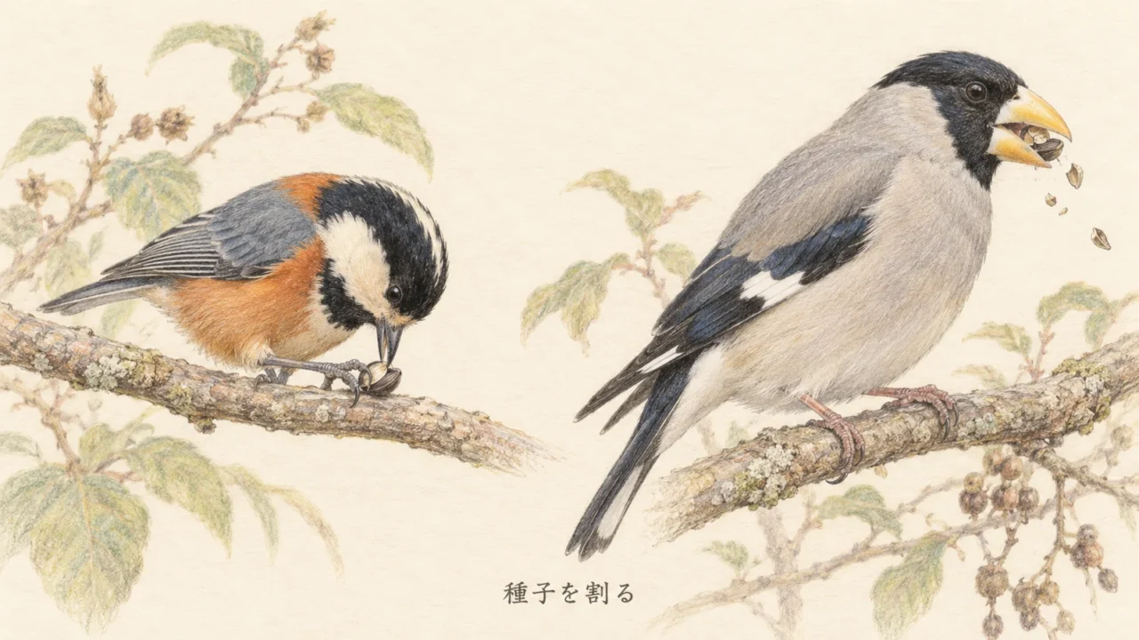 種子を足で押さえてつつくヤマガラと、太い黄色いくちばしで種子を割るイカルの色鉛筆画